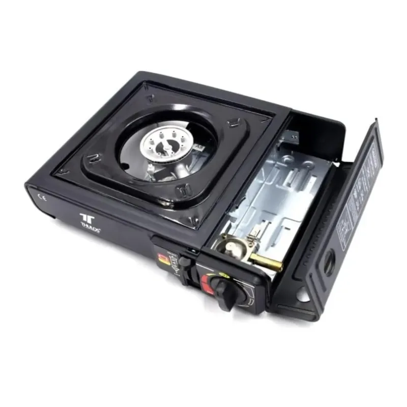 Cocina De Gas Portátil Dual, Thulos TH-GS0192.5 kW, Compatible con Cartucho o Botella de Gas, Encendido Piezoeléctrico, Negro