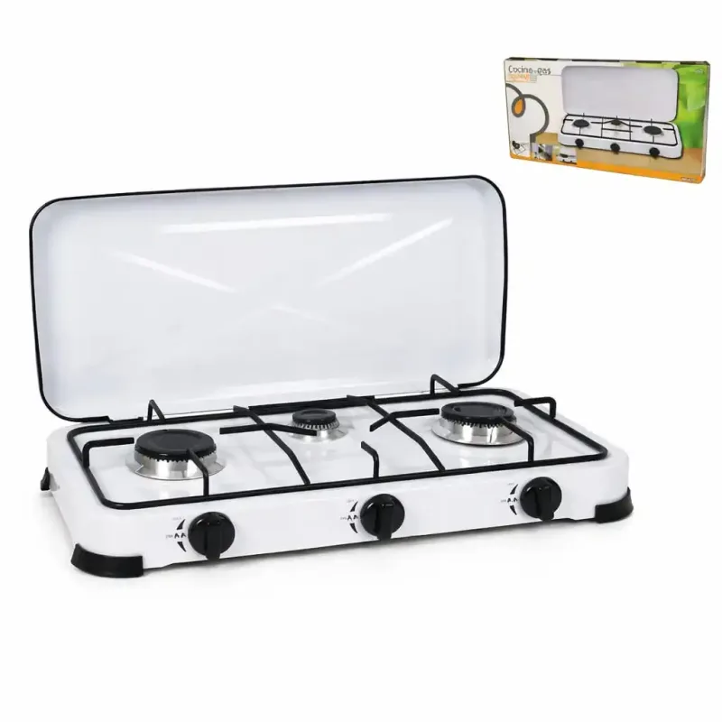Cocina Bringo de 3 Quemadores a Gas con Tapa - Cocina Portátil de Mesa para Hogar y Camping