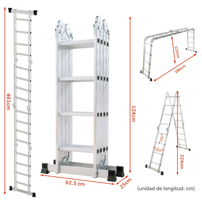 Escalera Multiusos 4x4, 7 en 1, 20 peldaños, Plegable, de Aluminio, con 2 Ruedas, para Uso doméstico