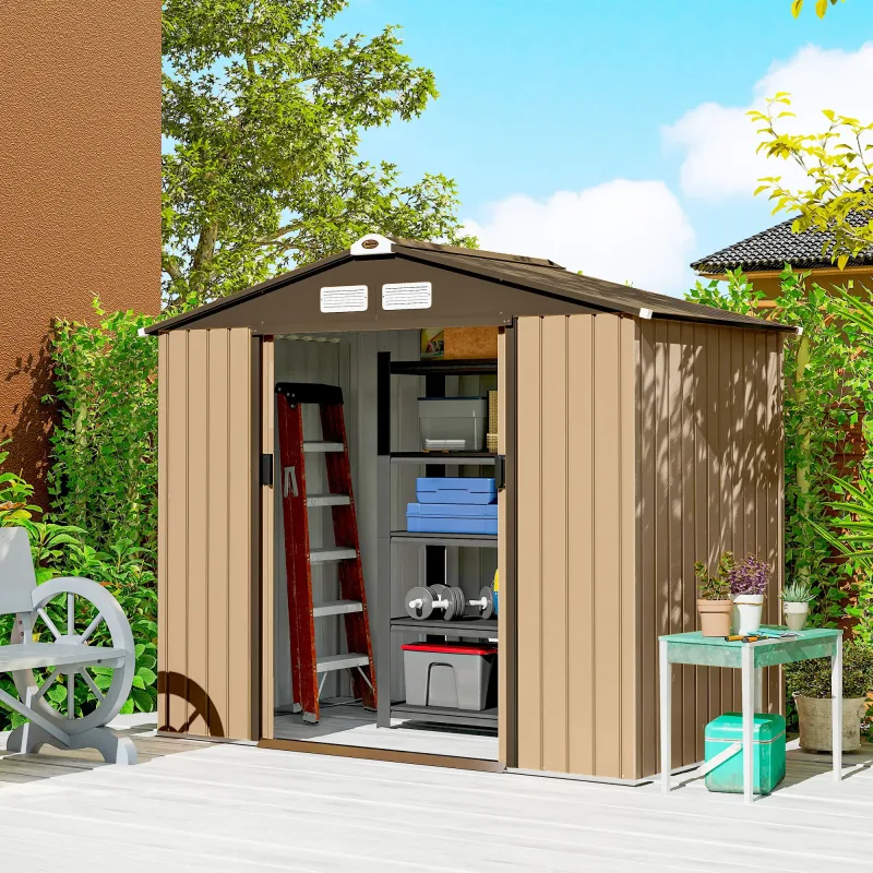 Outsunny Caseta Jardín 2,42 m²,213x130x185 cm, Metálica con Puertas Correderas y Ventilación, Amarillo