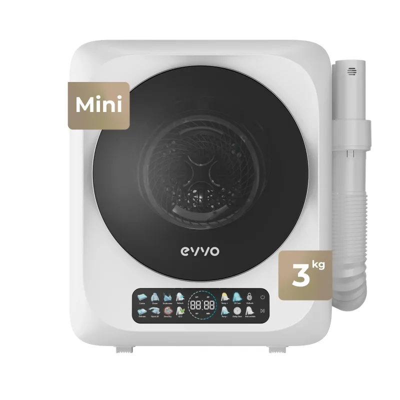 EVVO Secadora Mini S4 Plus - Secadora de Ropa Portátil 3 Kg, Diseño Mini Compacto, Panel Táctil, Higiene UV, Función Antiarrugas, Accesorio para Calzado, Mini Secadora Ideal para Espacios Reducidos