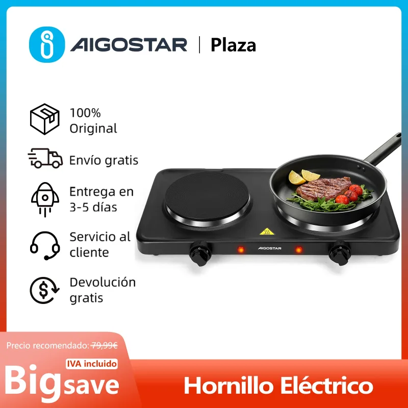 Cocina Eléctrica Portatil de 2 Quemadores, Hornillo Eléctrico de 2500W, Cocinar en Camping, Termostato Ajustable de 5 Niveles