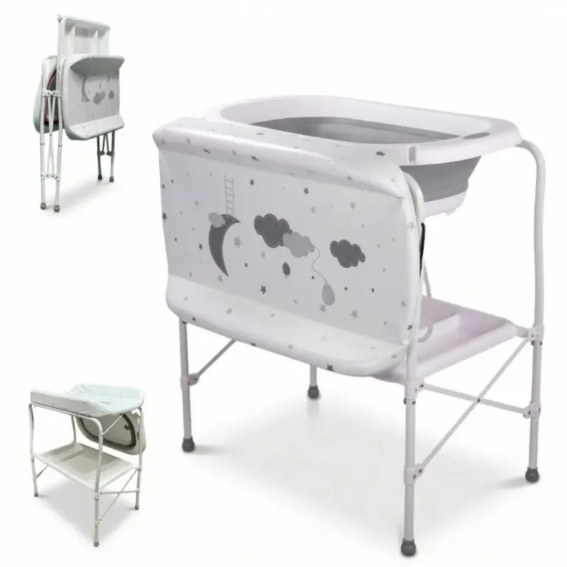 BATHBY Bañera bebé con patas Multifuncional 5 en 1 · Plegable con Soporte · Cambiador · Bandejas Organizadoras · Desagüe con Tubo y Soporte para Ducha · Cojín de baño antideslizante (Varios Modelos)