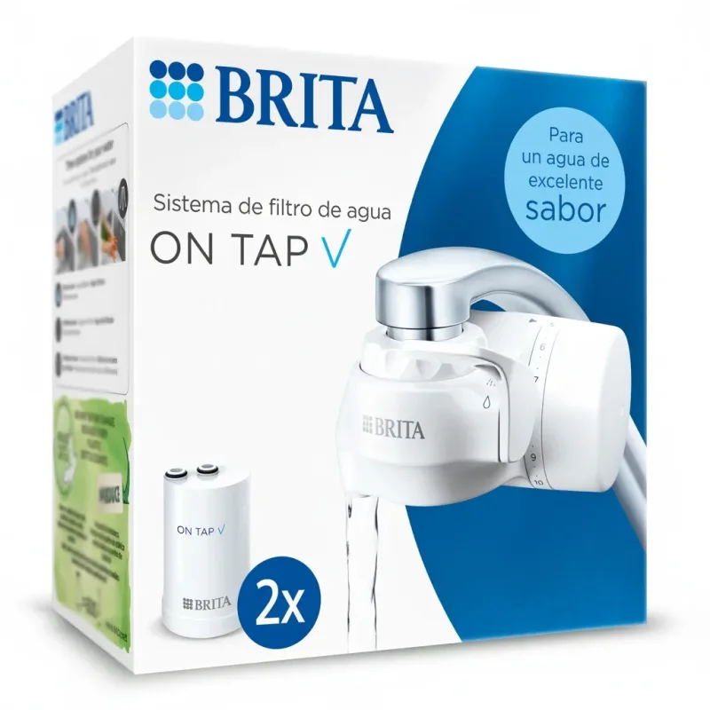 BRITA Sistema de Filtración On Tap V | Grifo con Filtro de Agua Incluye 2 Cartuchos | Filtra hasta 600L | Elimina cloro, microplásticos y contaminantes | Conserva minerales | Instalación sin