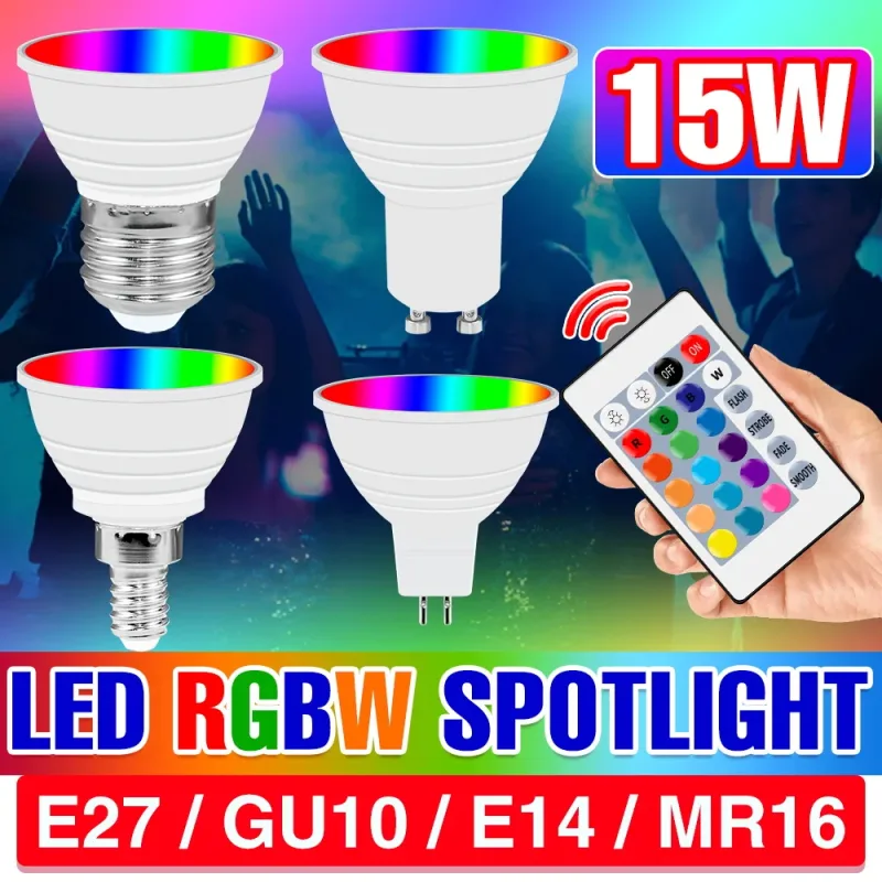 Bombilla LED E27/E26 de 15W, foco RGBW GU10 IR, lámpara de techo con Control remoto, bombillas LED para araña E14 MR16 para decoración de fiesta en casa