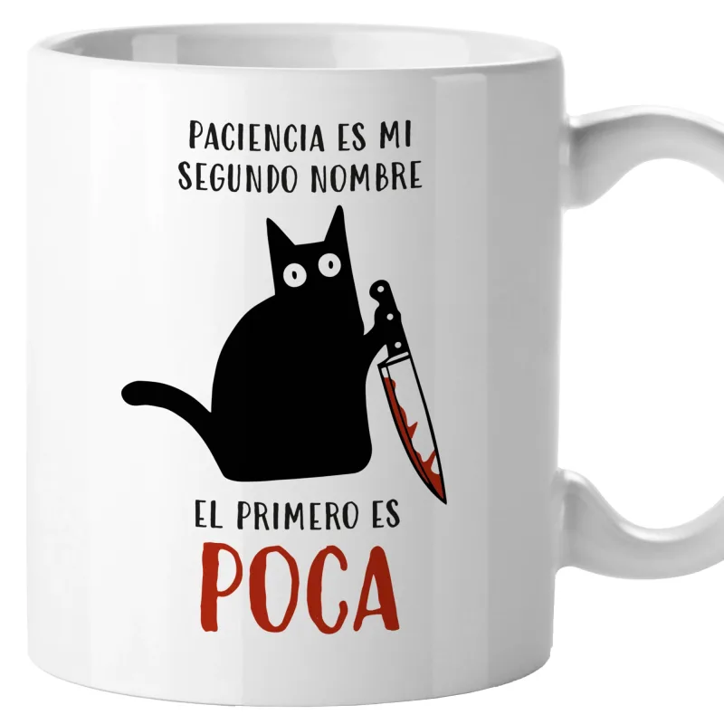 Taza gato Paciencia es mi segundo nombre, estorba, tazas originales, Taza divertida con frases y mensaje gracioso, compañeros de trabajo, gatos, Amigo invisible, Cerámica 330 mL
