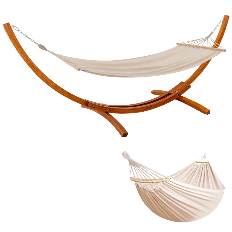 HOMAVO Amaca con Supporto in Legno, Include 2 Amache, Portata 200kg, Misure: 320×120×120 cm, Telaio Arcuato Stabile in Legno, Regolabile in Altezza, Per Giardino, Terrazzo e Balcone
