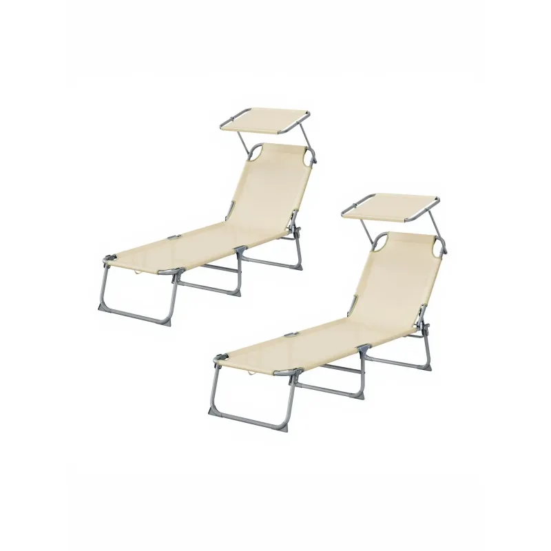 SONGMICS Tumbonas Plegables, 189 x 53 x 28,5 cm, Juego de 2 Tumbonas para Jardín, Cada Una con Carga 110 kg, con Parasol y Respaldo Ajustables, para Terraza y Balcón, Beige/Gris/Negro