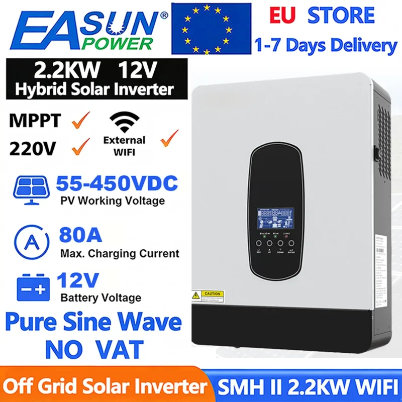Inversor Solar Híbrido EASUN POWER de 2.2KW, 12V 230V, Inversor Fuera de Red, Controlador de Carga Solar MPPT de 80A, Entrada Fotovoltaica de 450V, con WIFI