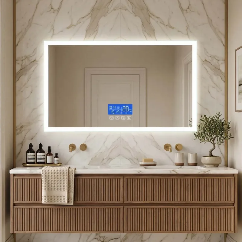 Espejo de baño LED 100x60cm, pantalla LCD con temperatura y hora, función antivaho, 3 colores de luz, regulación de brillo