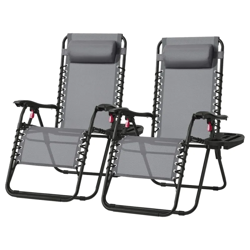 SONGMICS Juego de 2 Tumbonas Plegables, Sillas de Gravedad Cero, Tumbonas Reclinables, Carga de 110 kg por Silla, Reposacabezas Ajustable, Bandeja, para Terraza, Jardín, Gris Oscuro/Negro/Azul Oscuro