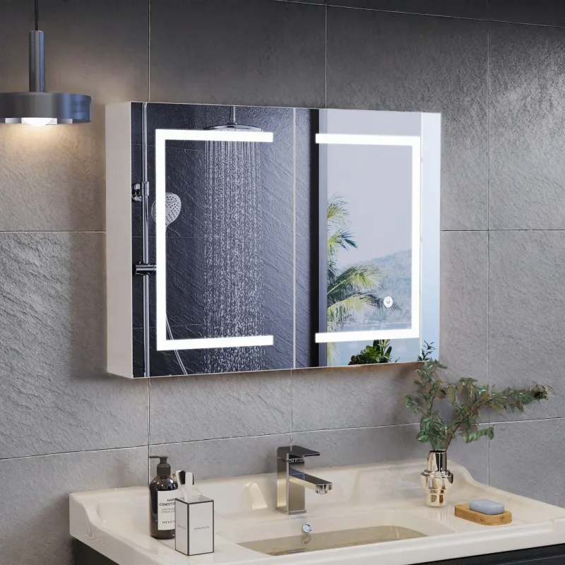 Mueble de baño con espejo y LED, estantes con espejo antivaho, altura ajustable, 3 temperaturas de color