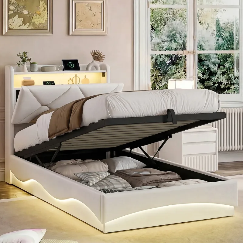 Cama individual de 90x con iluminación LED y USB, 1 plaza con almacenamiento, camas individuales con somier para 1 persona, sin colchón