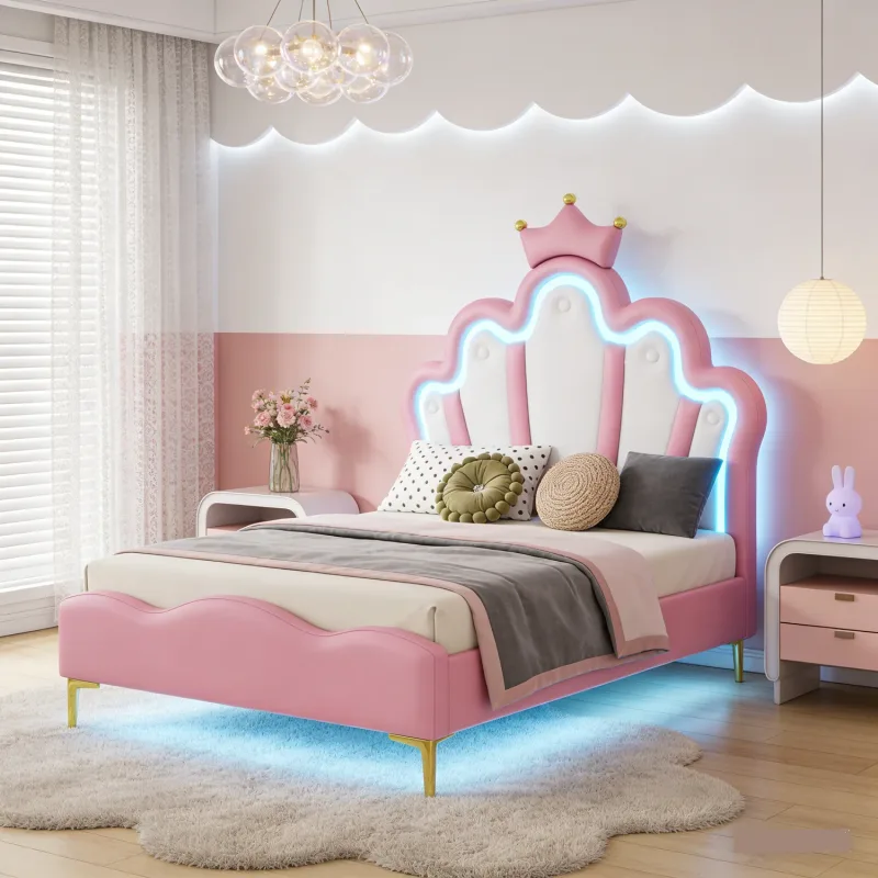 Cama tapizada de 90x200 cm para niños, estructura de cama para niñas, cama infantil con LED, cama para niñas con somier de láminas, cama princesa con cabecero ajustable, cama juvenil, PU,