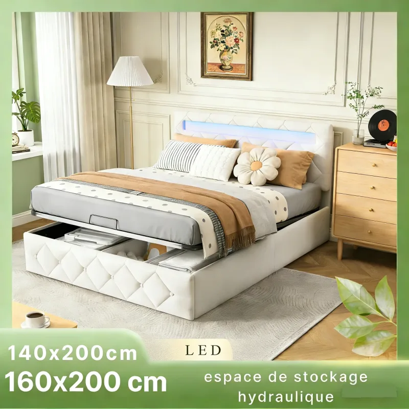Cama tapizada de 140×200 cm, cama doble con almacenamiento, cama con almacenamiento hidráulico e iluminación LED, cama juvenil con cabecero ajustable, estructura de cama funcional con somier de