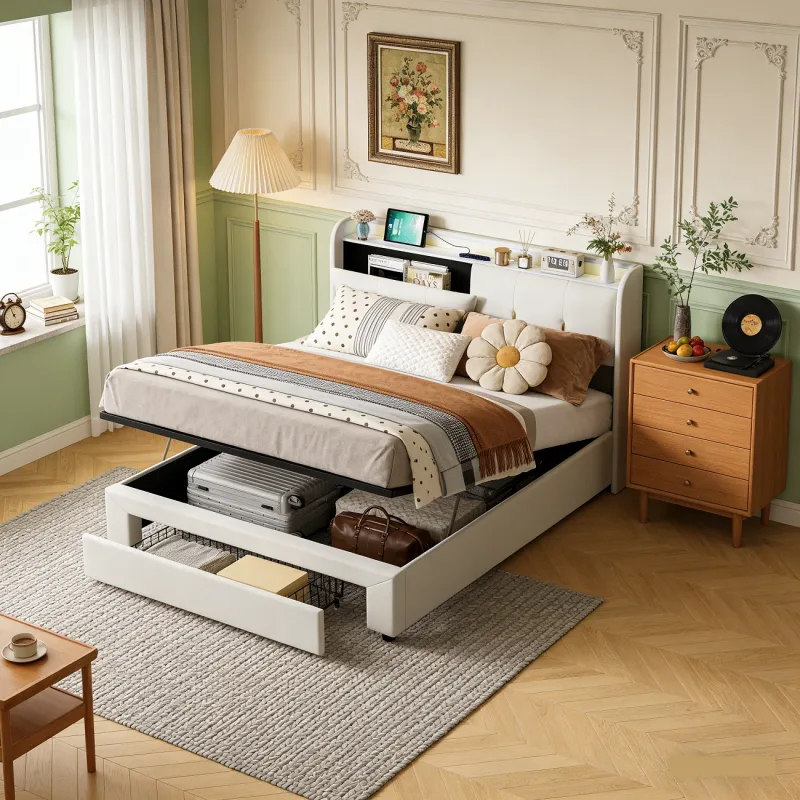 Cama tapizada de 160x200 cm, cama con almacenamiento, LED y USB, cama doble con almacenamiento hidráulico y cajones, estructura funcional con cabecero con almacenamiento y somier de láminas,