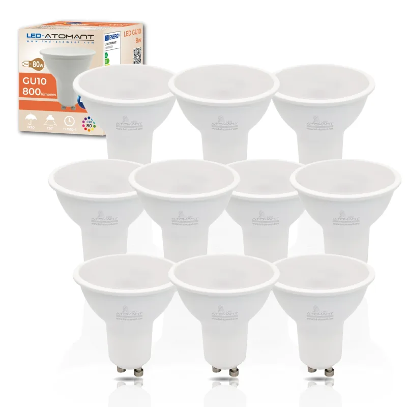 LED ATOMANT Bombilla LED GU10 8W, 800 Lúmenes, Equivalente a Halógeno de 80W, Bajo Consumo, Luz Potente y Clara, Ideal para Cocinas, Baños o Zonas de Trabajo, Encendido Instantáneo, Larga Duración y