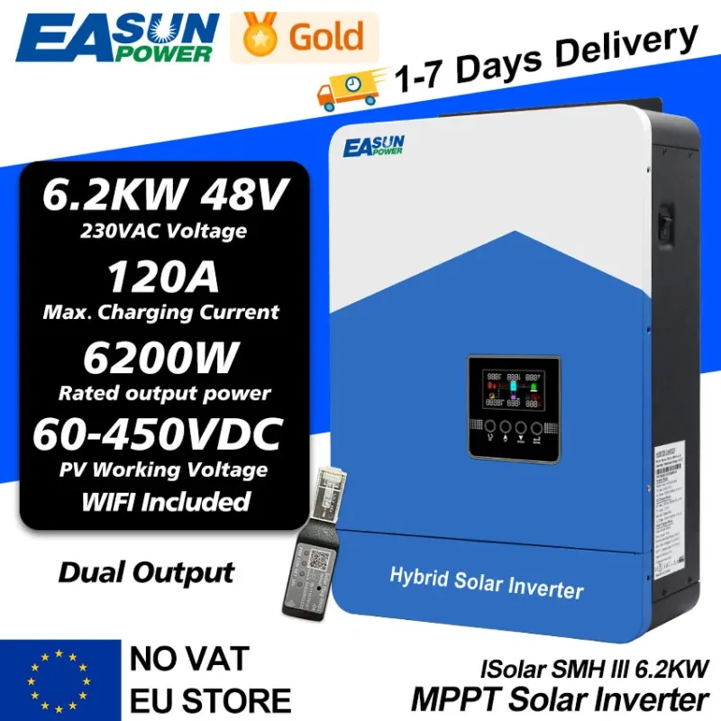 EASUN-Inversor Solar híbrido 6200VA 6200W, 48VDC, MPPT, 80a, 450VDC, PV, entrada de onda sinusoidal pura, con WIFI, compatible con BMS