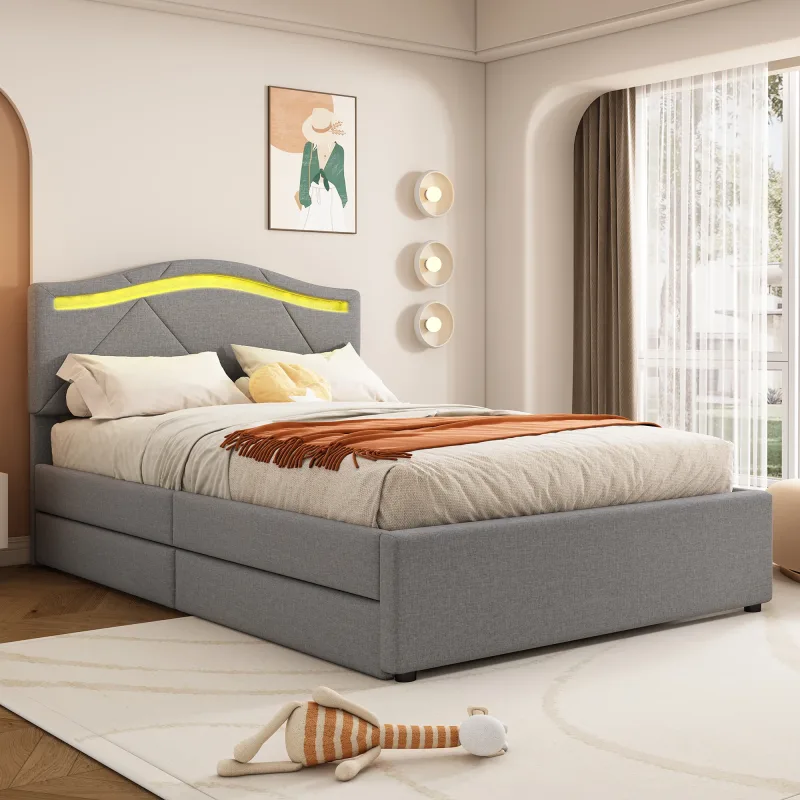 Cama tapizada de 90x200cm con marco de listones, luces LED, 2 cajones, cabecero ajustable, lino, gris