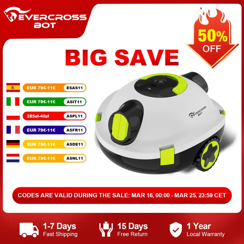 EVERCROSS BOT Y10 Robots de piscina, limpieza de suelos de 100 min, área de limpieza 120m 2, función de autocaravana, filtro de 180 μm