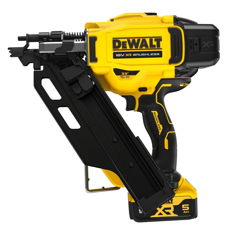 Dewalt DCN930P2 - Clavadora (18 V, 90 mm, compatible con clavos de cabeza D de papel y alambre, ángulo de cargador de 30° a 34°, 2 baterías de iones de litio de 18 V/5 Ah y cargador, maletín de