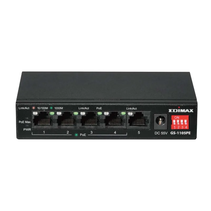 Edimax GS-1105PE - Conmutador Gigabit PoE+ de 5 Puertos de Largo Alcance con 4 Puertos PoE+ y Interruptor Dip