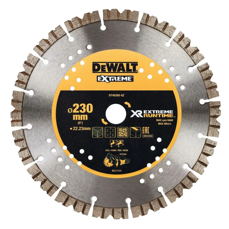 DEWALT DT40260-QZ - Hoja de Diamante Extreme RUNTIME 230mm, para corte en hormigón, compatible con cortadora de hormigón de 54V, Velocidad de soplado 209 Km/h
