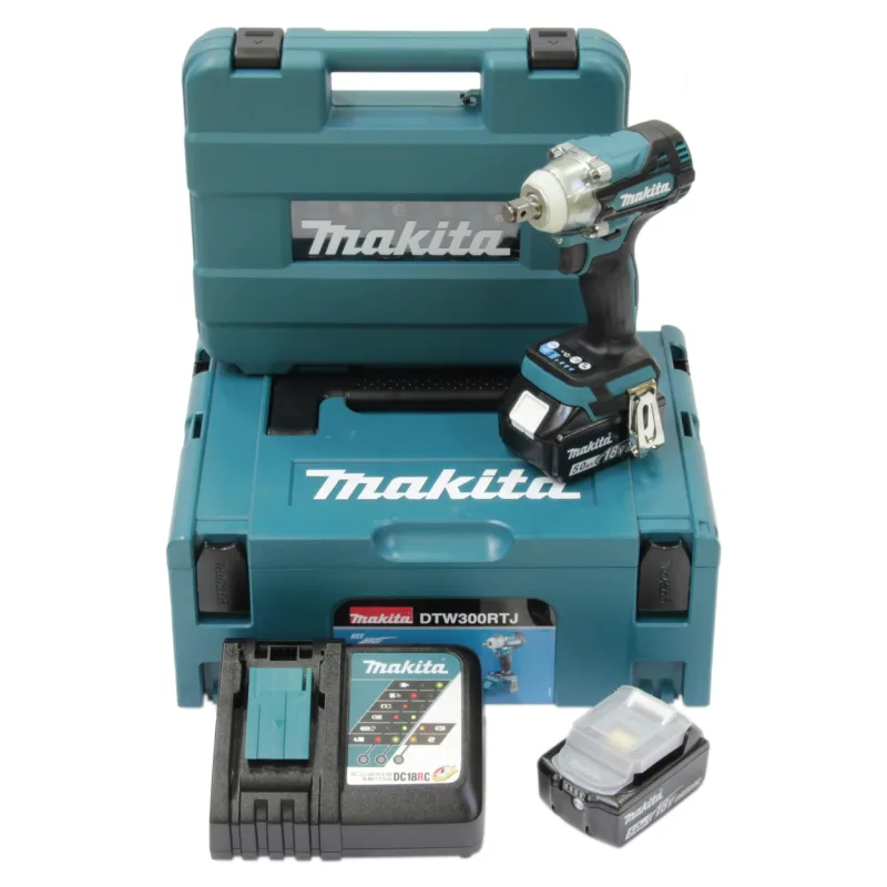 Makita DTW300TJX7 Llave de impacto de batería de 18 V, incluye cargador rápido DC18RC y 2 baterías BL1850B 5,0 Ah + 14 piezas (E-16586) en MAKPAC Gr. 2
