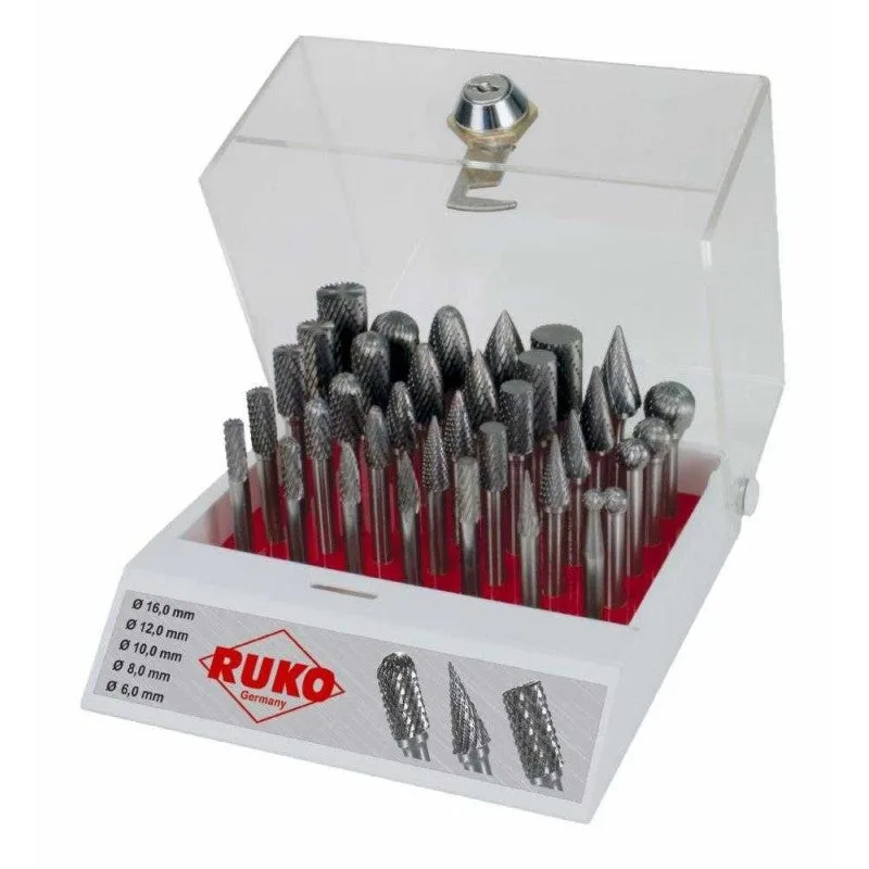 Juego de 35 fresas de metal duro con vástago de 6 mm en vitrina de plástico ruko 116008