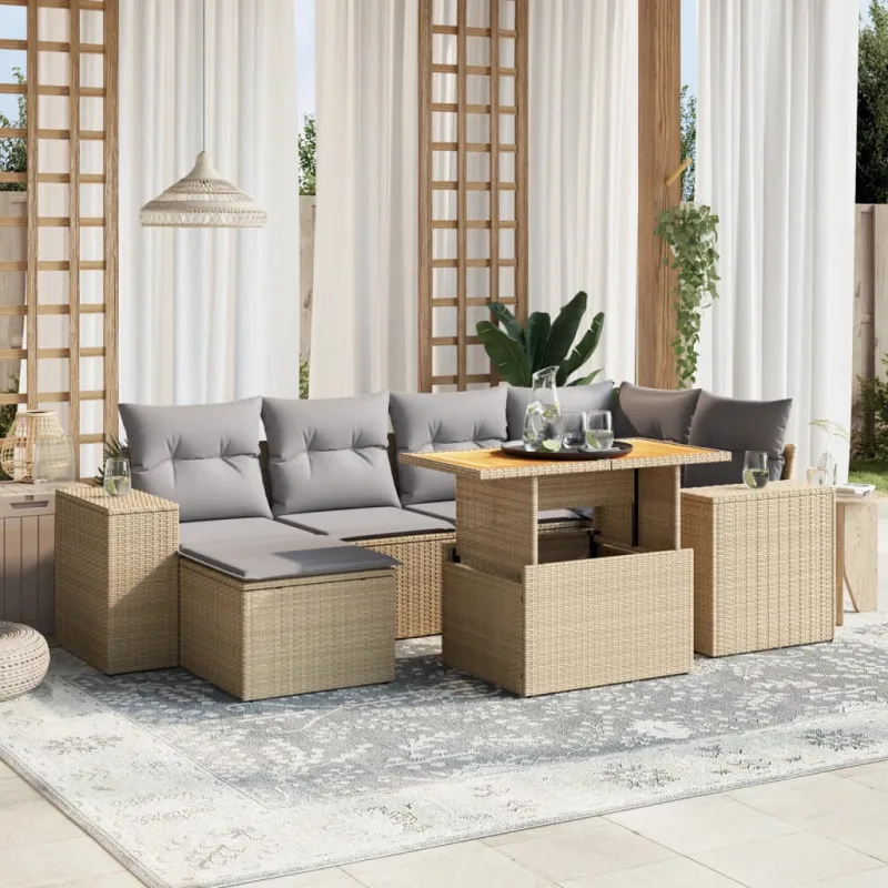 Muebles de jardín con cojines 7 piezas resina tejida beige