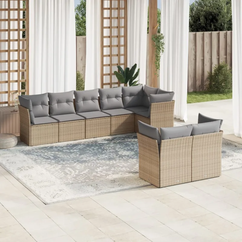 Muebles de jardín con cojines 8 piezas resina tejida beige