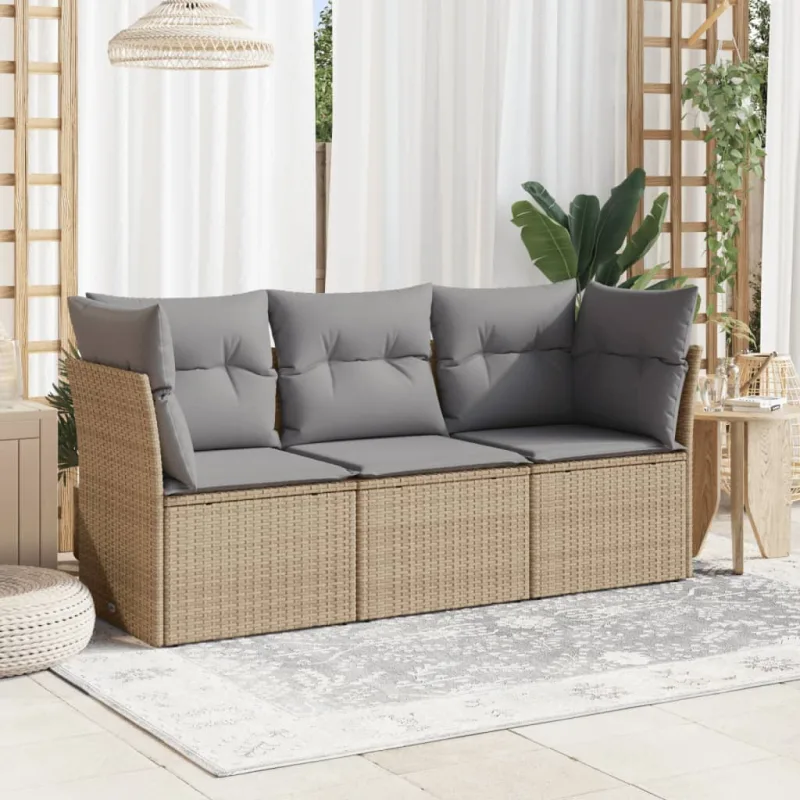 Muebles de jardín con cojines 3 piezas resina tejida beige