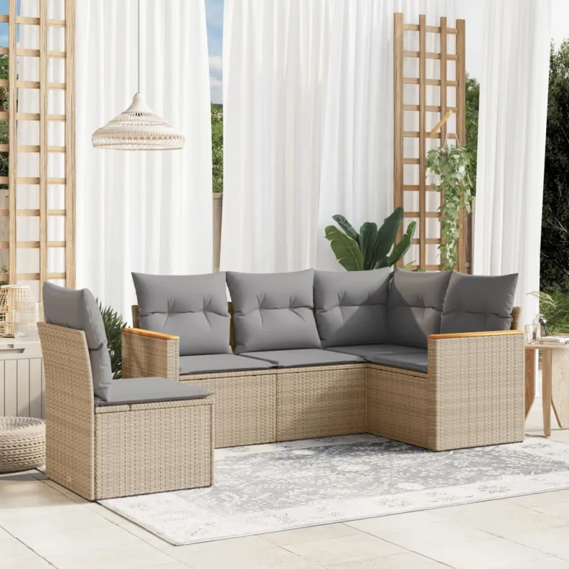 Muebles de jardín con cojines 5 piezas beige mezcla resina tejida