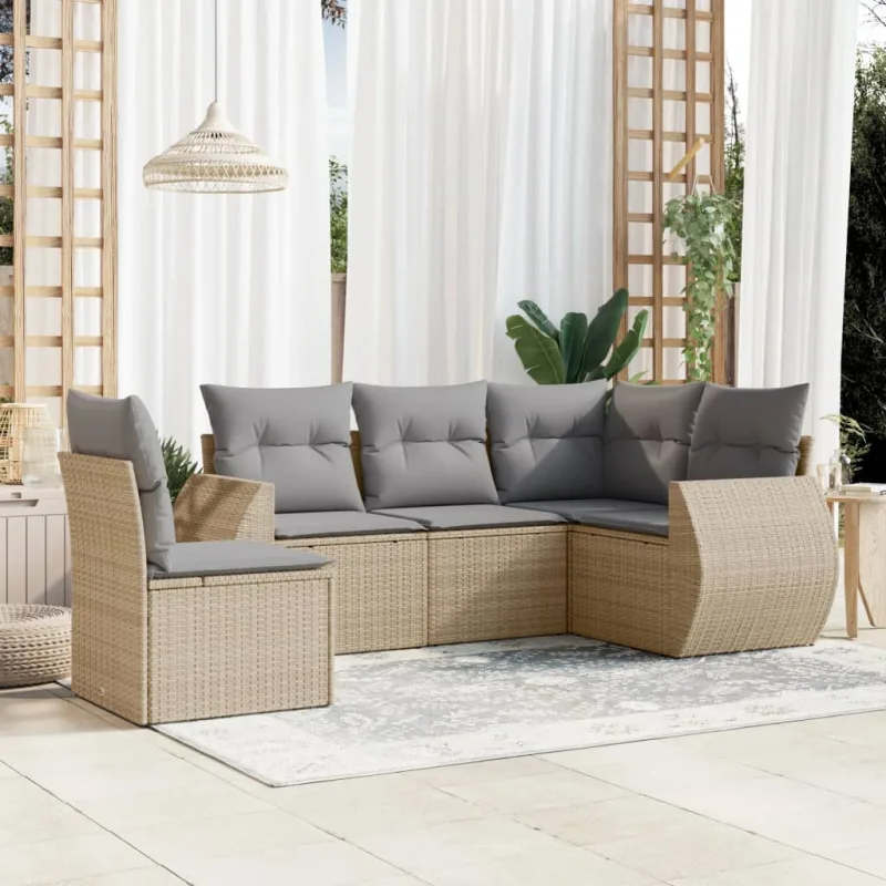 Muebles de jardín con cojines 5 piezas resina tejida beige