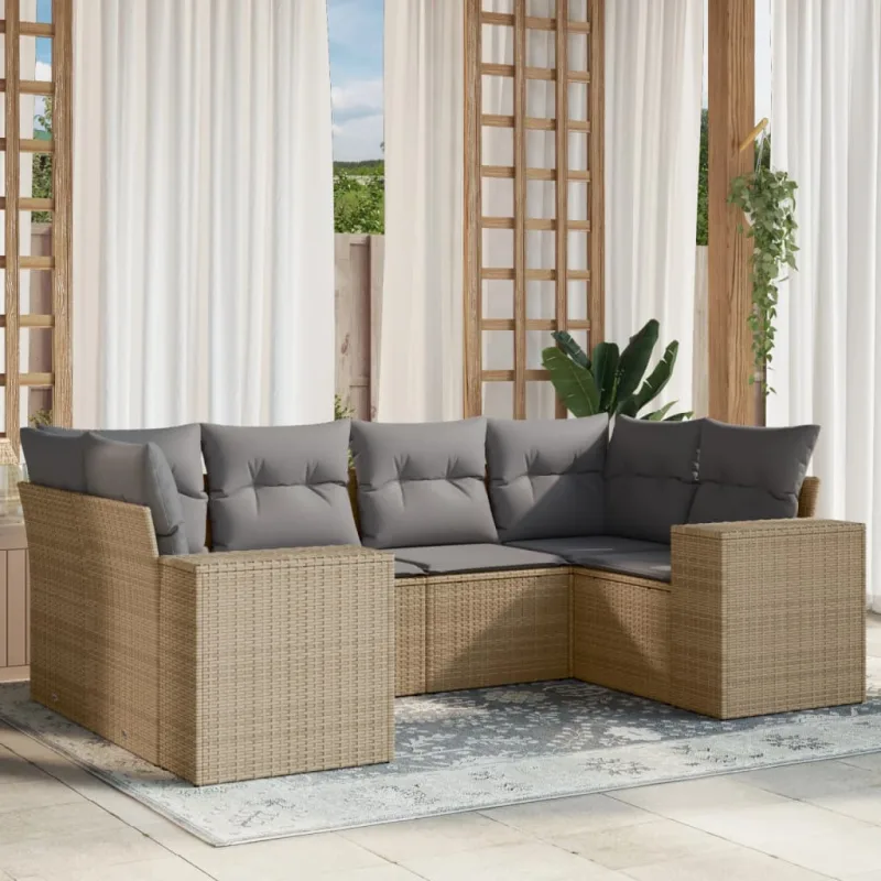 Muebles de jardín con cojines 6 piezas resina tejida beige