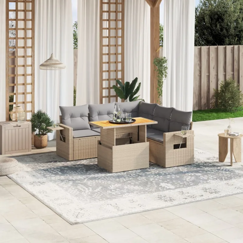 Muebles de jardín con cojines 6 piezas resina tejida beige