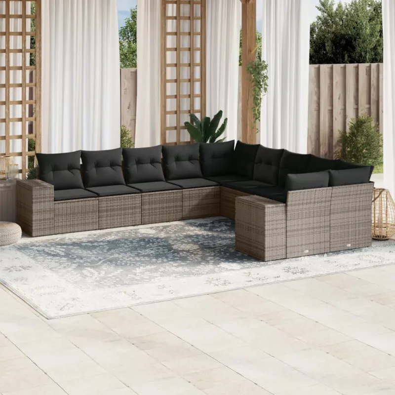 Muebles de jardín con cojines 10 piezas resina tejida gris.