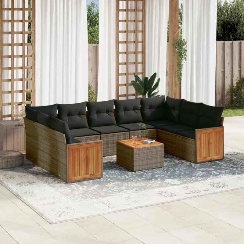 Muebles de jardín con cojines 10 piezas resina tejida gris.