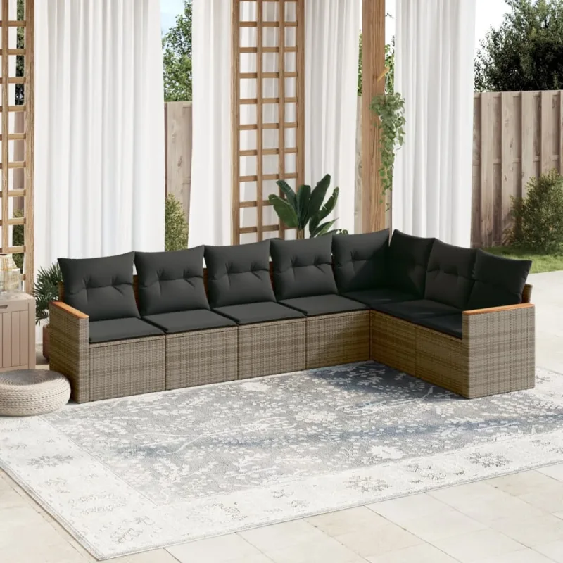 Muebles de jardín con cojines 7 piezas resina tejida gris.