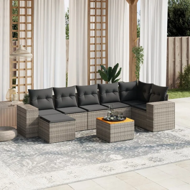 Muebles de jardín de 8 piezas con cojines de resina tejida gris.