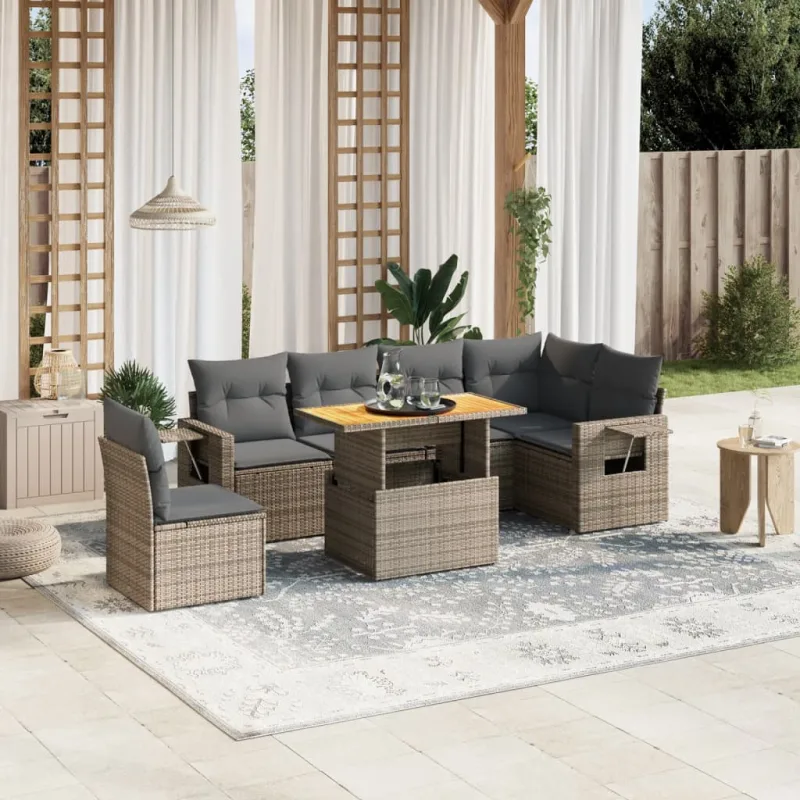 Muebles de jardín con cojines 7 piezas resina tejida gris.