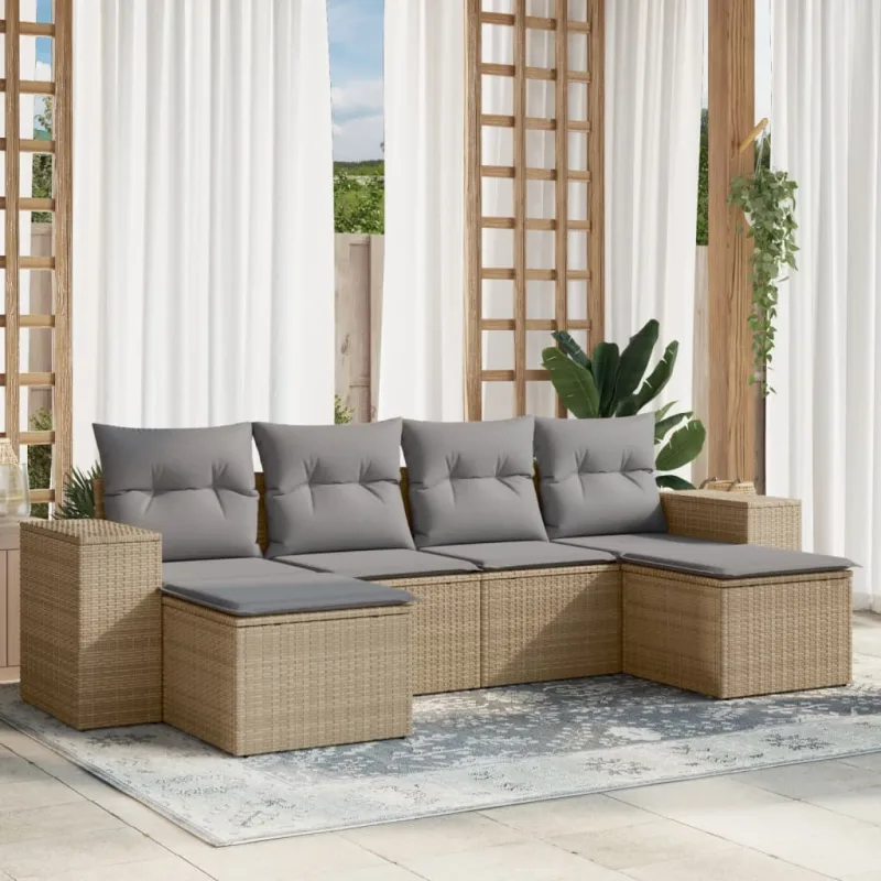 Muebles de jardín con cojines 6 piezas resina tejida beige