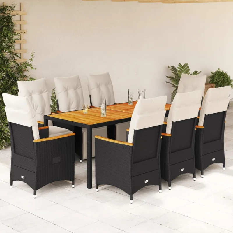 Conjunto de jardín bistro 9 piezas cojines de polirratán negro