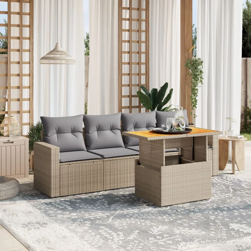 Muebles de jardín con cojines 5 piezas resina tejida beige