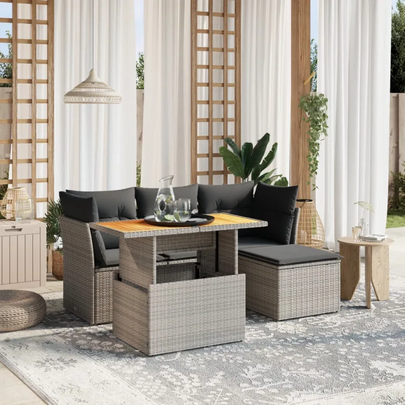 Muebles de jardín de 6 piezas con cojines de resina tejida gris.