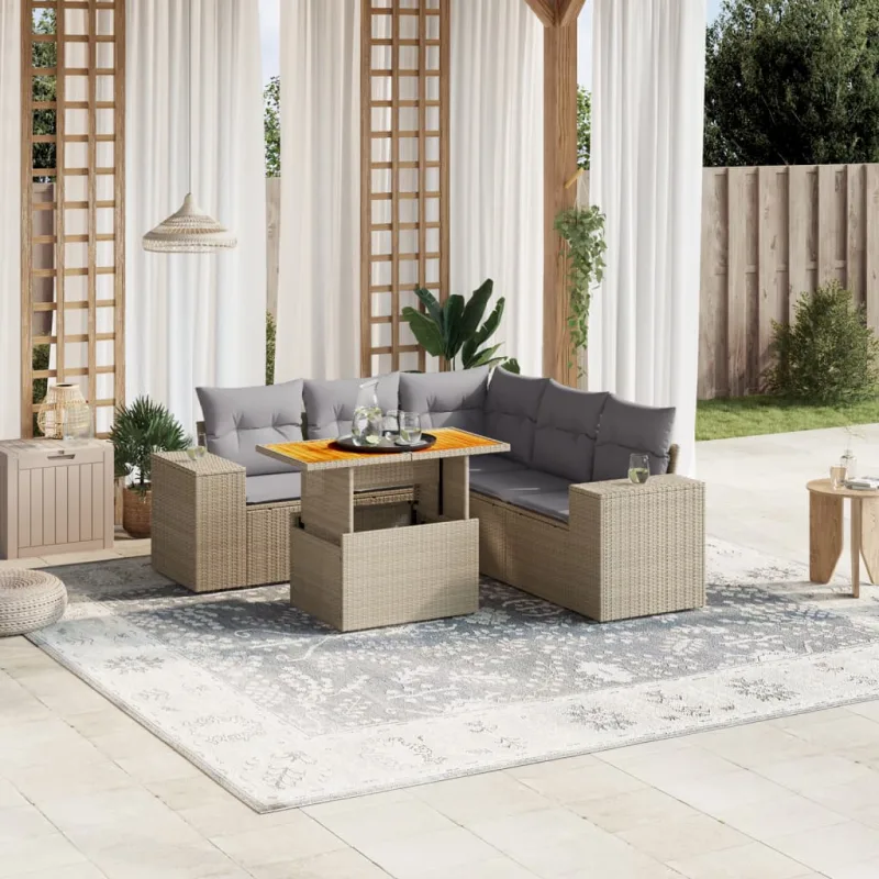 Muebles de jardín con cojines 6 piezas resina tejida beige