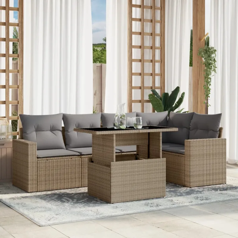Muebles de jardín con cojines 6 piezas resina tejida beige