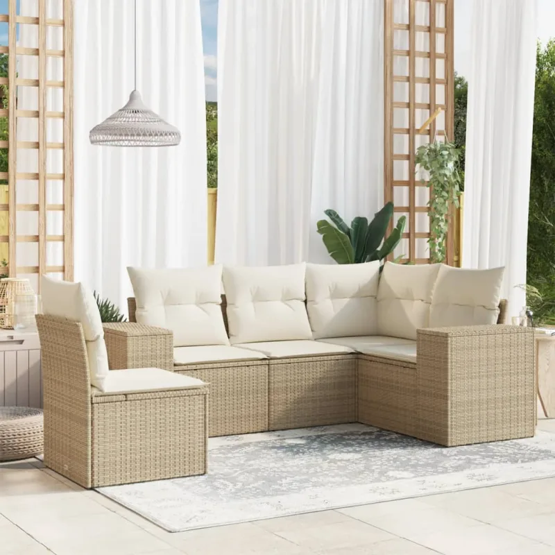 Muebles de jardín con cojines 5 piezas resina tejida beige