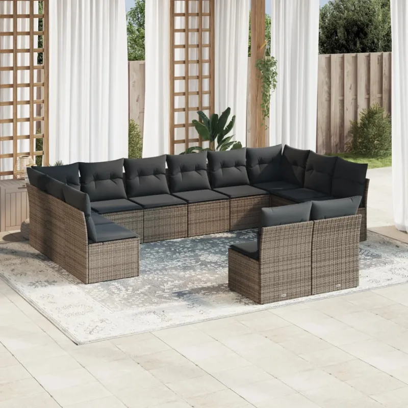 Muebles de jardín con cojines 12 piezas resina tejida gris.
