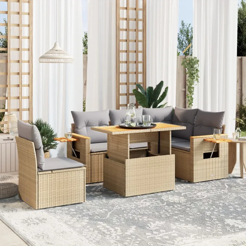 Muebles de jardín con cojines 6 piezas resina tejida beige